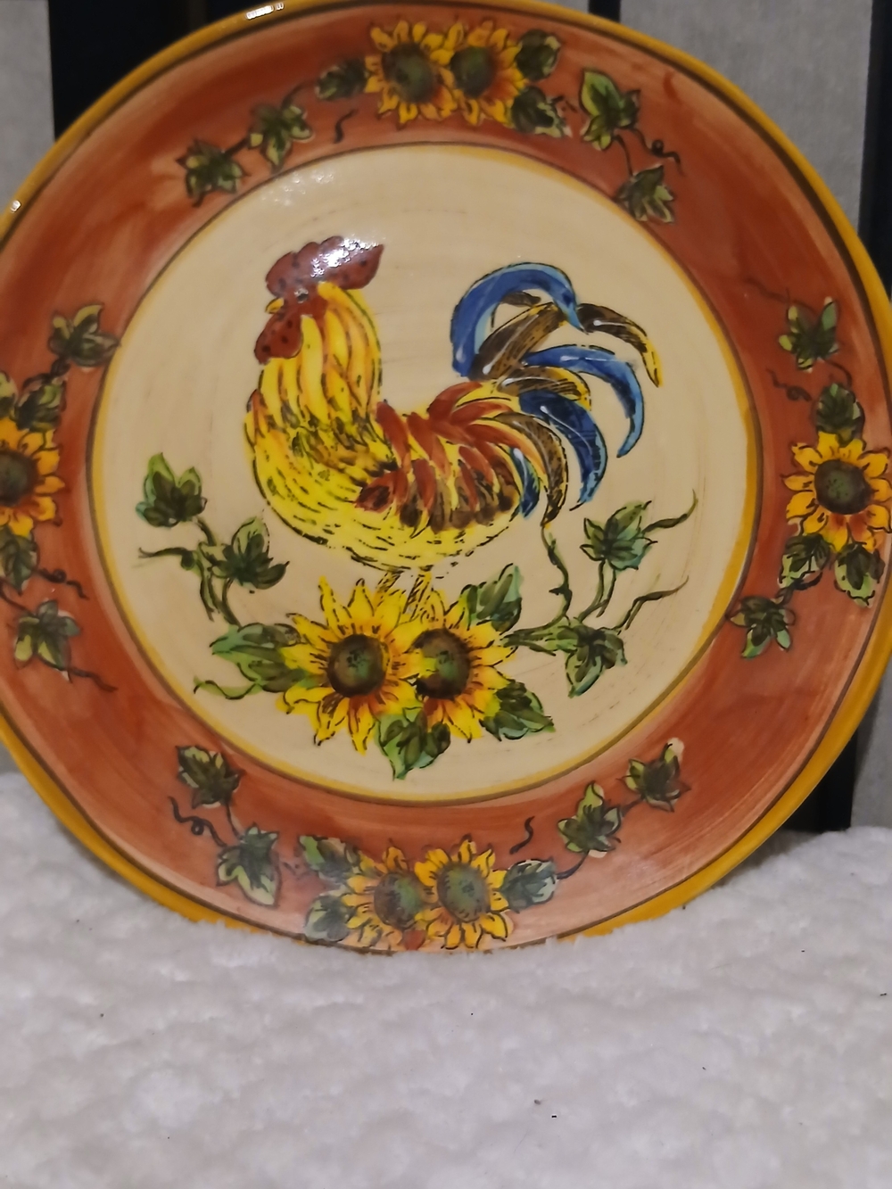 Hand-Painted Rooster & Sunflower Ceramic Dinner Plate - Yellow / Orange